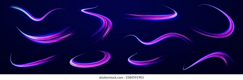 Neon stripes in the form of drill, turns and swirl. Speed of light concept background. Abstract background rotational border lines, png, effect, wave,neon,line. 