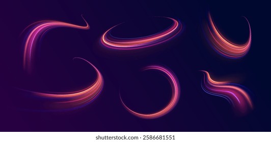 Neon stripes in the form of drill, turns and swirl. Speed of light concept background. Abstract background rotational border lines, png, effect, wave,neon,line.