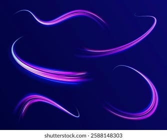 Neon stripes in the form of drill, turns and swirl. Speed of light concept background. Abstract background rotational border lines, png, effect, wave,neon,line. 