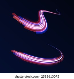 Neon stripes in the form of drill, turns and swirl. Speed of light concept background. Abstract background rotational border lines, png, effect, wave,neon,line. 