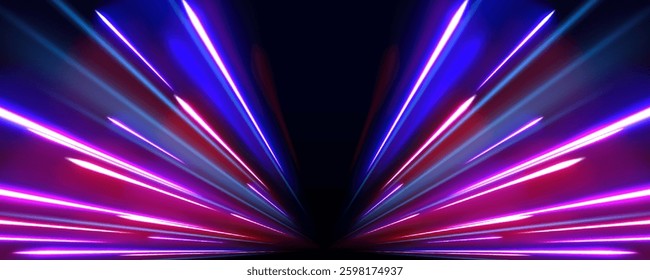 Neon stripes in the form of drill, turns and swirl. Speed of light concept background. Abstract background rotational border lines.
