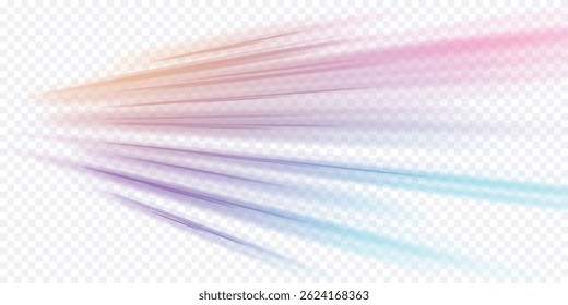 Neon stripes in the form of drill, turns and swirl. Panoramic high speed technology concept, neon lines on white transparent background in PNG format