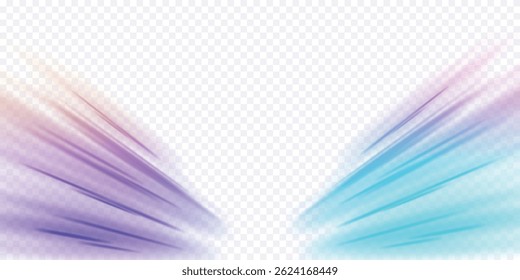 Neon stripes in the form of drill, turns and swirl. Panoramic high speed technology concept, neon lines on white transparent background in PNG format