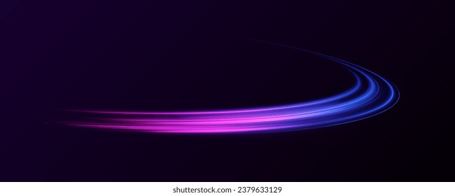 Neon stripes in the form of a sow road or a racing track. light road in the form of a swirl, neon color. Speed line with sports cars. Technology stream design illustration.