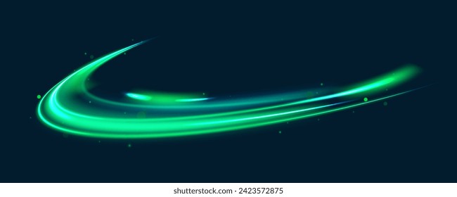 Neon stripes in the form of a sow road or a racing track. light road in the form of a swirl, neon color. Speed line with sports cars. Technology stream design illustration.