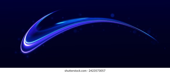 Neon stripes in the form of a sow road or a racing track. light road in the form of a swirl, neon color. Speed line with sports cars. Technology stream design illustration.