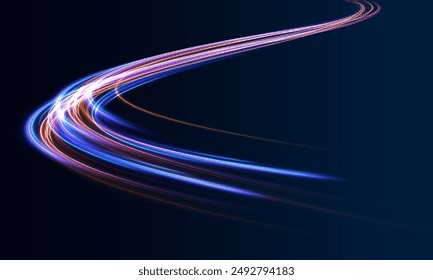 Neon stripes in the form of a sow road or a racing track. light road in the form of a swirl, neon color. Speed line with sports cars. Technology stream design illustration.	