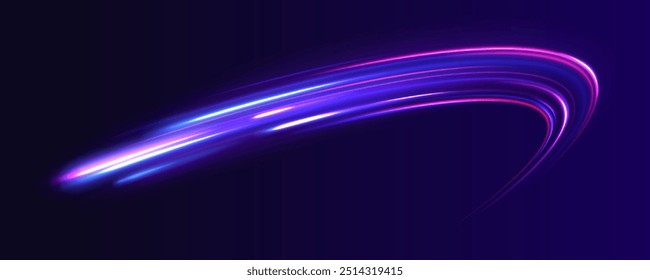 Neon stripes in the form of a sow road or a racing track. light road in the form of a swirl, neon color. Speed line with sports cars. Technology stream design illustration.	