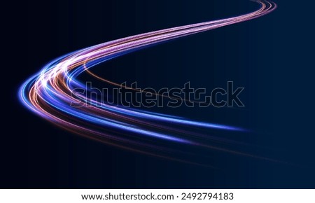 Neon stripes in the form of a sow road or a racing track. light road in the form of a swirl, neon color. Speed line with sports cars. Technology stream design illustration.	