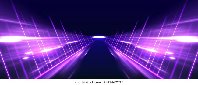 Neon stripes swirling like a drill, twisting in dynamic motion, featuring glowing blue and purple neon lines and vivid trails of light, symbolizing the concept of speed and high technology.	