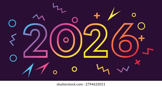 Neon Style 2026 Typography Background With Colorful Retro Party Elements And Abstract Shapes