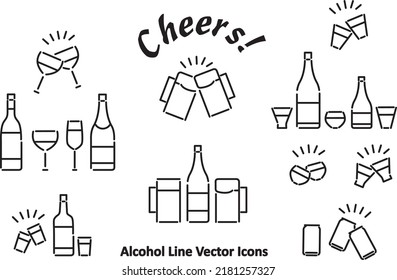 Estilo neón Vector de línea de alcohol Icono conjunto con botella y taza sirviendo cerveza, shochu sake japonés adecuado para el alegre patrón de vítores