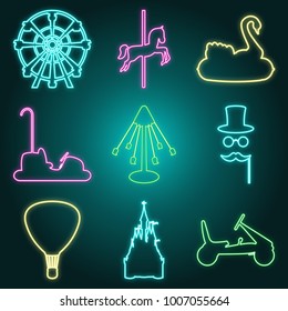 Neon style amusement park icon set - ferris wheel, inflatable swan. carousel, horse, crnival mask, air balloon, castle, bumper car and electromobile. Fun fair symbols. Vector illustration.