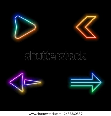 neon style arrows icon pack. vector thin line comparison, up right arrow, transfer, neon double arrow, undo, bottom right, upload, enlarge icons suitable for apps and websites.