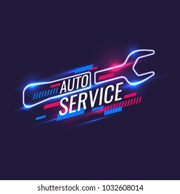 Neon style, auto service poster. Vector illustration and template.