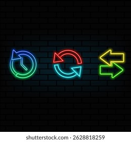 neon style. Clock with arrows icon.Arrow left and right arrow icon. arrow with clock symbol..