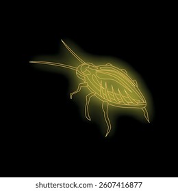 Neon style cockroach is glowing on a black background