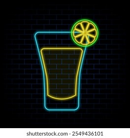 Neon style cocktail. Served in a glass cocktail glass. Geometric style illustration on brick wall background.