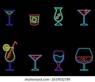 Neon style cocktail set. various colorful drinks.Vector illustration..