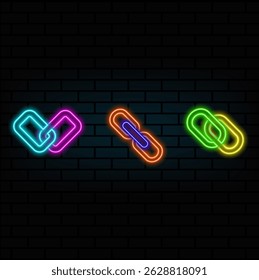 neon style. connection icon, link, chain icon. broken chain. neon style. connection cone. Hyperlink chain symbol.