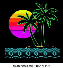 neon style desain beach wiht cat eat taco vector