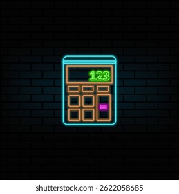 Estilo neón. Dispositivo para el cálculo de datos matemáticos. calculadora con Botones con números y símbolos matemáticos.