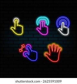 neon style. finger touch screen gesture icon. neon style. icon Hand cursor signs Flat button vector evil.Click here button with hand icon.