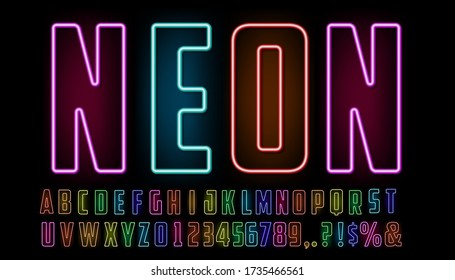Neon style font design, alphabet letters and numbers, Eps10 vector.