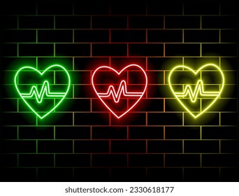 corazón estilo neón. fondo de ladrillos. muchos colores.