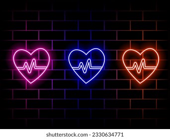 neon style heart. bricks background. pink, blue and orange. many colors.