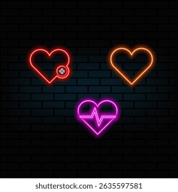 neon style. heart medical symbol isolated. neon style. Healthcare black glyph icon. Medical social services. Health system. Disease prevention and management. Emergency medical help..