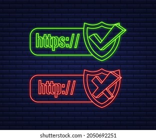 Neon style http and https protocols on shield, on dark background. Vector stock illustration.