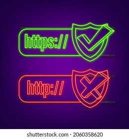 Neon style http and https protocols on shield, on dark background. Vector stock illustration