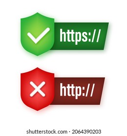 Neon style http and https protocols on shield, on dark background. Vector stock illustration