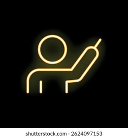 Neon style icon of a businessman pointing with a pen, glowing yellow on a black background