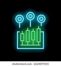 Neon style icon of a candlestick chart with three target symbols above it, representing the concept of forex trading