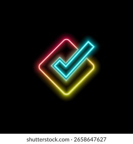 neon style. icon Check mark Correct square sign Checked outline symbol Right choice Vote Select selection Yes Statement Confirm.