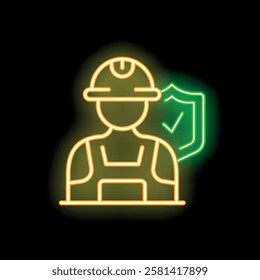 Neon style icon of a construction worker wearing a hard hat with a protection shield, concept of workplace safety and health