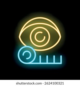 Neon style icon of an eye tracking technology concept with a measuring ruler and an eyeball
