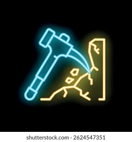 Neon style icon of a hammer breaking a stone wall, perfect for projects related to construction, demolition, or mining