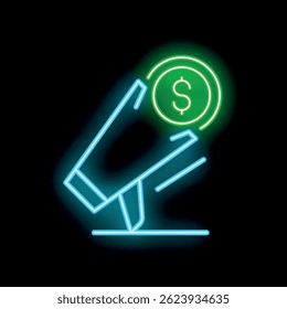 Neon style icon of a hand putting a coin in a donation box