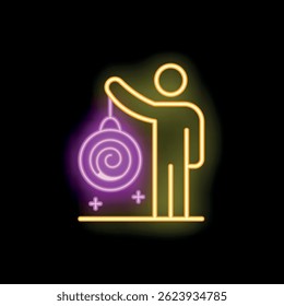Neon style icon of a hypnosis therapist swinging a pendulum, representing concepts like therapy, relaxation, and subconscious
