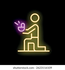 Neon style icon of a man kneeling and offering an engagement ring, perfect for relationship and romance concepts