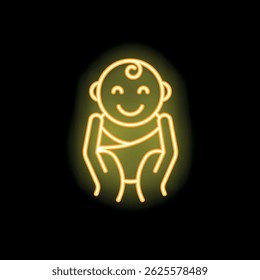 Neon style icon of a pair of hands holding a smiling baby, representing childcare or parental love