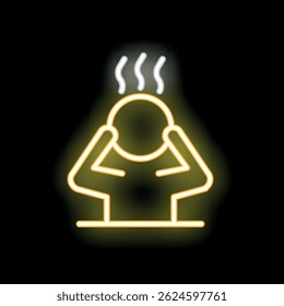 Neon style icon of a person holding their head with steam coming out, representing stress, anxiety, or frustration