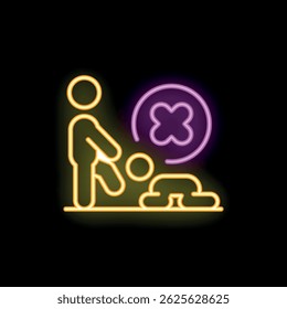 Neon style icon of a person kicking another person on the ground with a cross sign above them