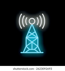 Neon style icon of a radio tower transmitting signals, perfect for projects related to telecommunications, broadcasting, and connectivity
