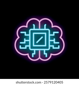 Neon style icon representing artificial intelligence combining a brain and a cpu