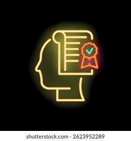 Neon style icon representing obtaining diploma after successful graduation, concept of knowledge and education
