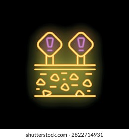 Neon style icon of rockslide warning sign for travel related projects